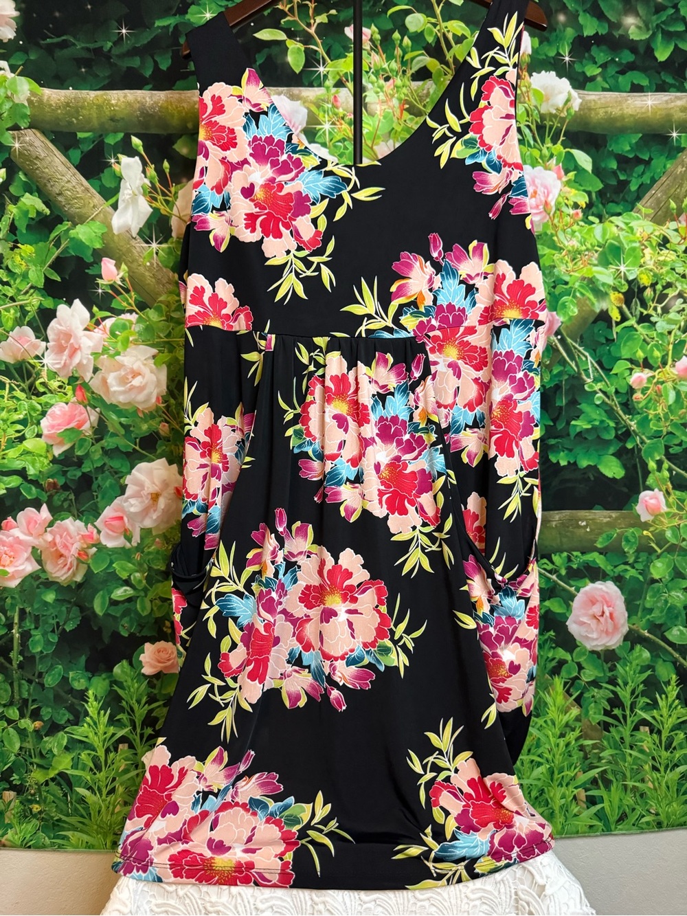 Black Floral Sleeveless Mini Dress with Pink & Blue Blooms